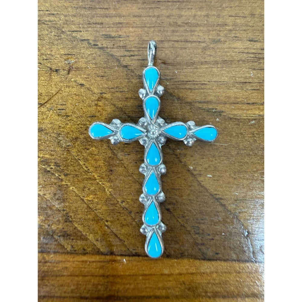 Vintage Sterling Silver Turquoise Teardrop Cross Pendant Southwestern Jewelry